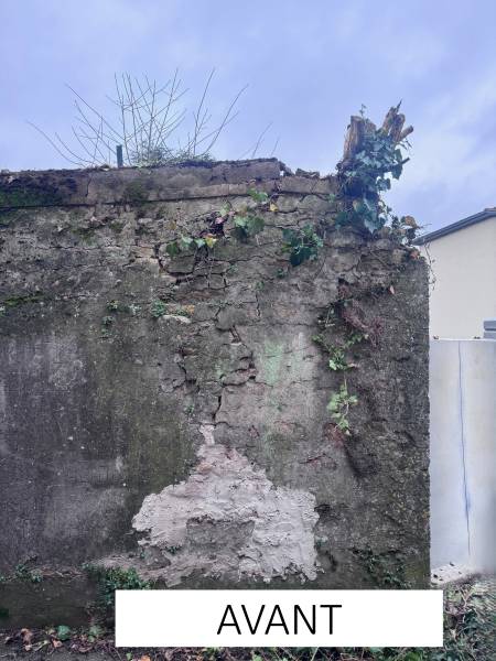 Travaux de démolition et renforcement d’un mur existant avec pose d’une clôture rigide sur plaque béton à Caluire..